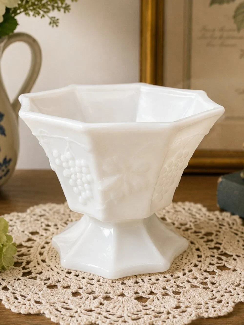 VTG Milk Glass Octagonal Pedestal Bowl Grape Vine Embossed White Compote Piece